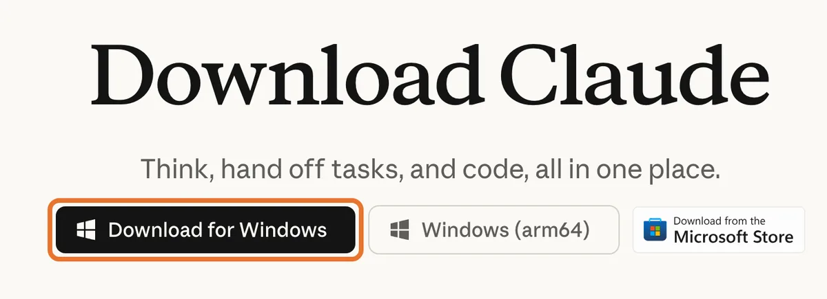 Страница скачивания Claude: нажимаем «Download for Windows», а не «Windows (arm64)»