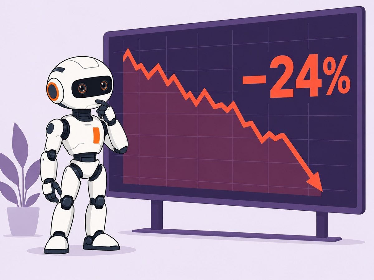 Робот смотрит на экран биржи, где график падает на 24%