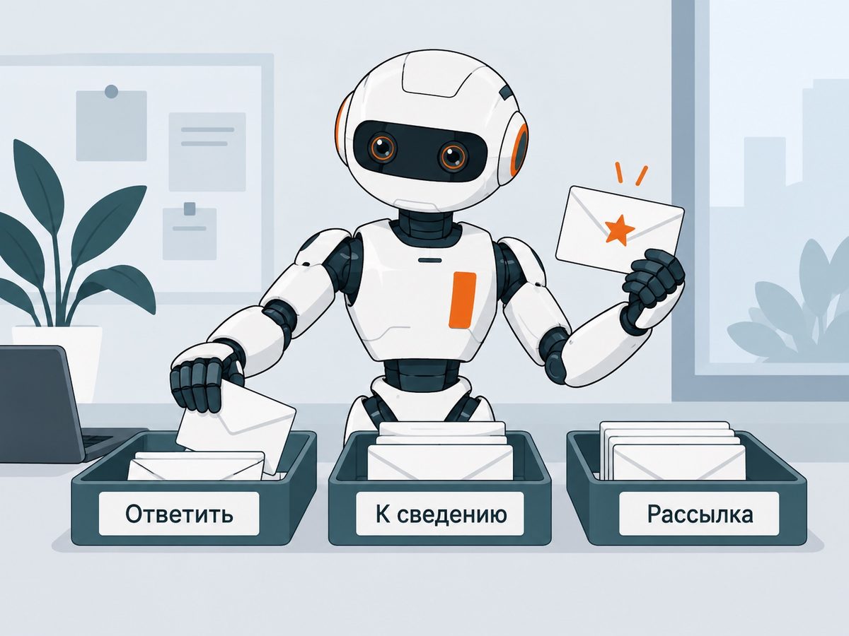 Робот раскладывает письма по трём лоткам